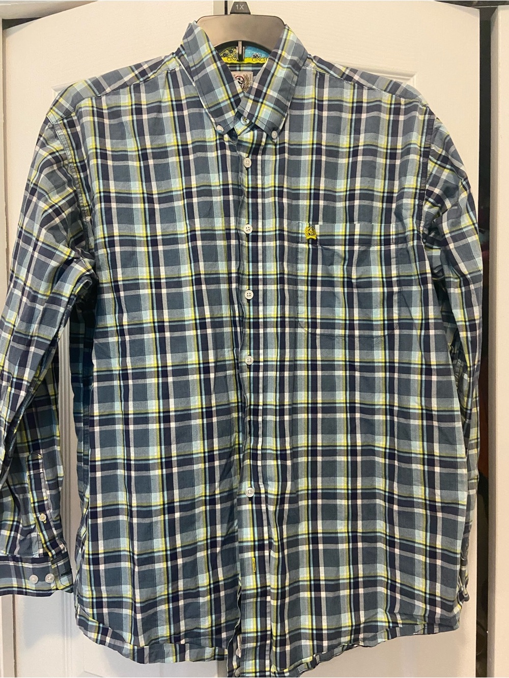 Cinch Men's Plaid Button-Down Shirt - Navy, Light Blue & Yellow Green